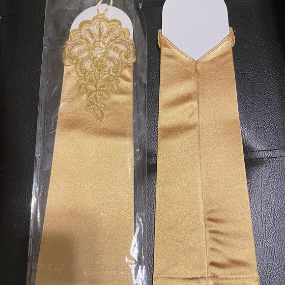 Wedding Gold Formal Below elbow fingerless long gloves.Opened not used.Elegant! - Picture 3 of 7